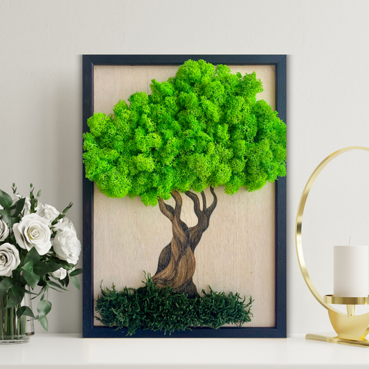 Stenska umetnost z mahom "Bonsaj" na leseni podlagi