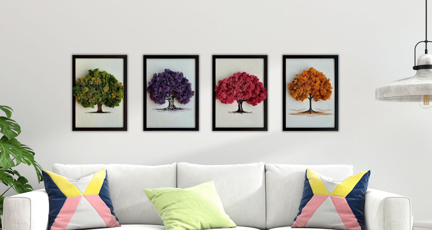 Komplet stenskih slik z jelenovim mahom "Moss Art Trees" na leseni podlagi