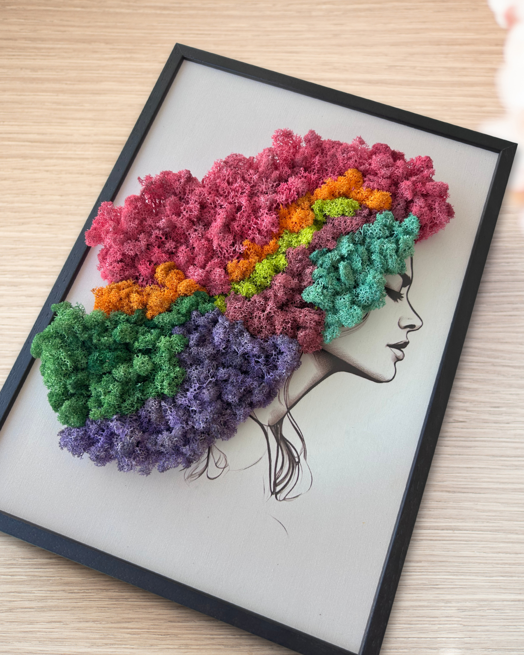 Framed Colorful Moss Female Hair Wall Art (wooden base)