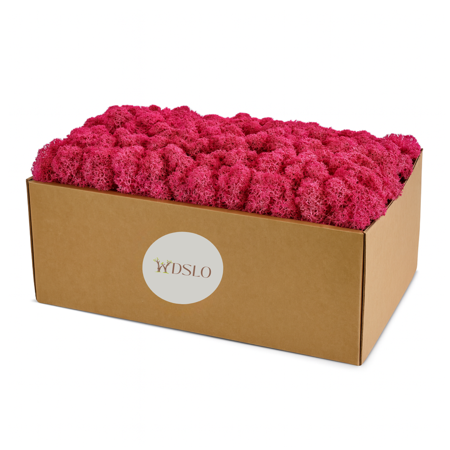 Box of pink reindeer decorative moss with WDSLO label 