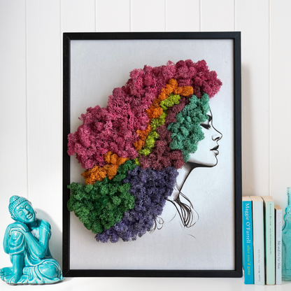 Handcrafted moss picture on wood "Colorful Moss - Woman's Hair" - wall decor for yourself or as a creative gift idea. 🌿100% Natural 🌿 Attractive prices & fast shipping