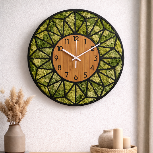 Decorative wall clock with green preserved moss, geometric metal design.  Buy in WDSLO shop