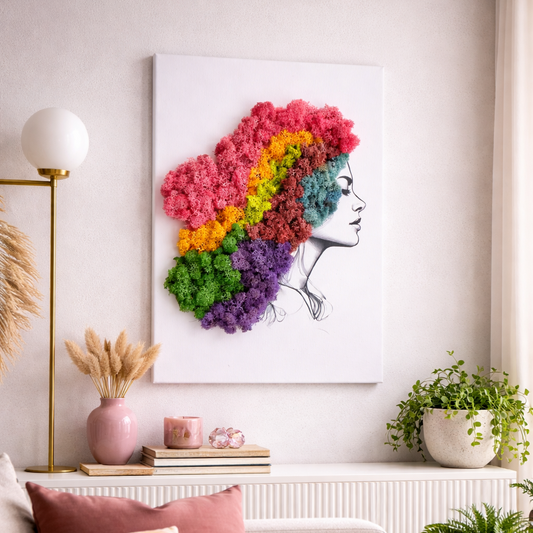 Colorful moss art piece on a wall| Onlineshop WDSLO.