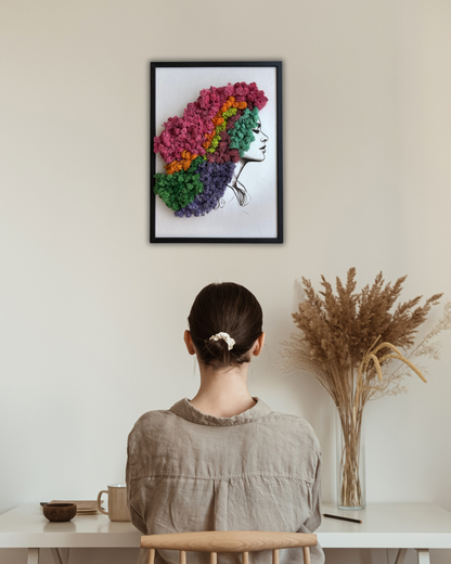 Handcrafted moss picture on wood "Colorful Moss - Woman's Hair" - wall decor for yourself or as a creative gift idea. 🌿100% Natural 🌿 Attractive prices & fast shipping