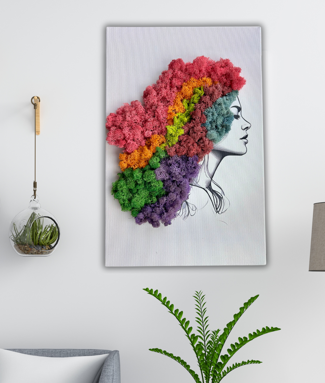 Moss artwork of a woman's face with colorful hair. Wall Moss pictures buy WDSLO