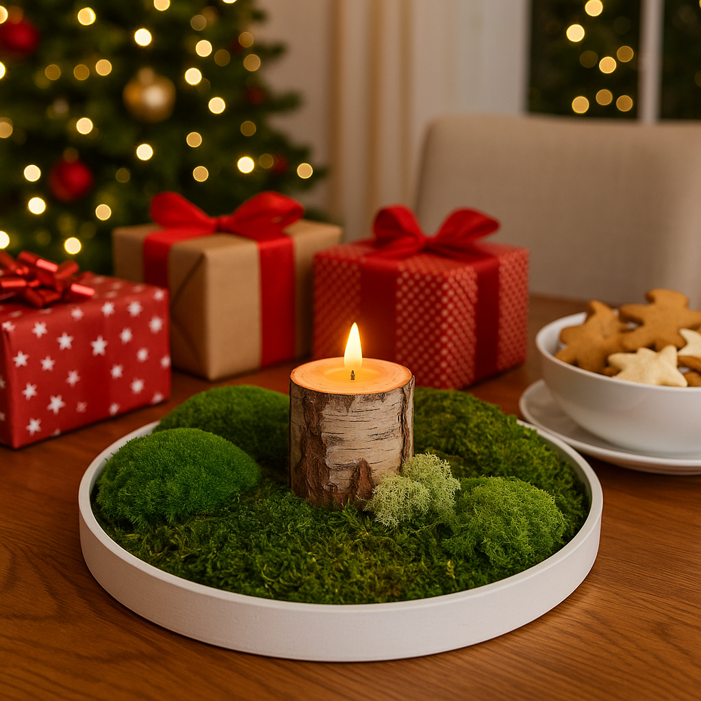 Decorative tray with candle on moss  in front of Christmas presents and a tree. wdslo shop