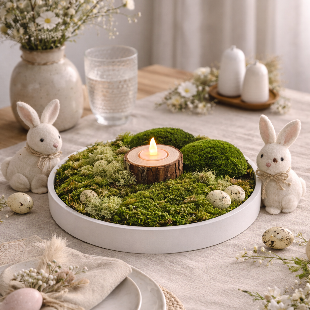 Decorative table setting with moss, candles, and Easter-themed decorations on a light surface from wdslo store