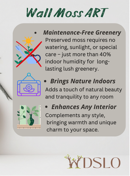 Promotional graphic for wall moss art with text and a logo on a light background