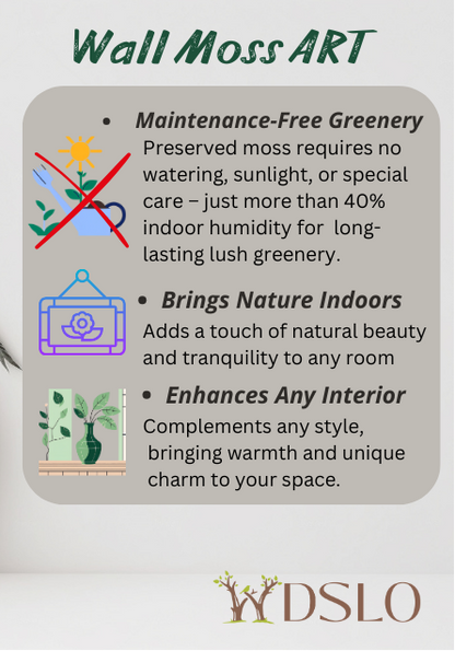 Wall moss art with decorative elements and text on a white background