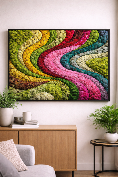 Colorful abstract moss wall art in a living room. Moss decor from WDSLO shop