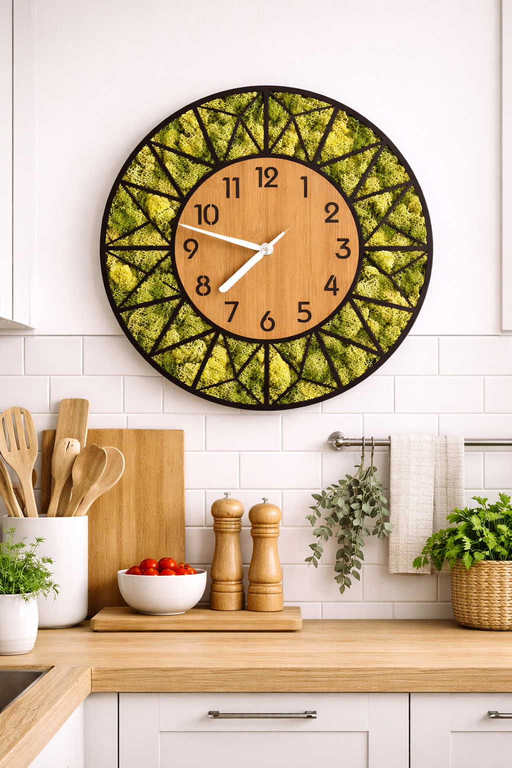 Dekorative Wanduhr mit konserviertem grünem Moos und geometrischem Metalldesign. Jetzt im WDSLO-Shop erhältlich.