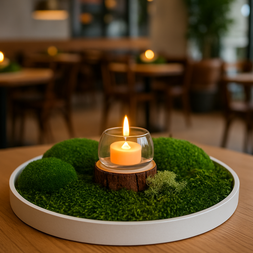 Candle in a glass holder on a bed of moss on a wooden table with a blurred restaurant interior from WDSLO shop