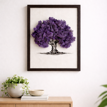 Framed artwork of a purple tree on a white wall above a wooden cabinet.