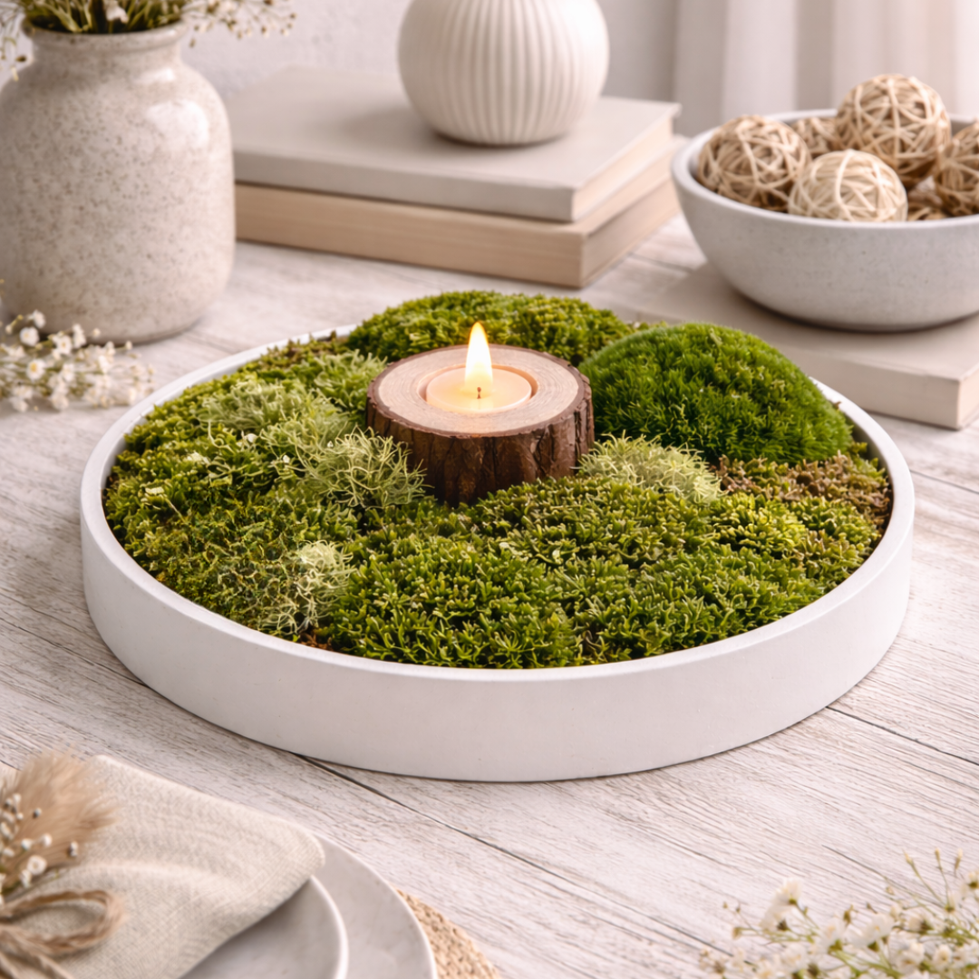 Decorative tray with moss and a candle on a wooden surface in wdslo shop