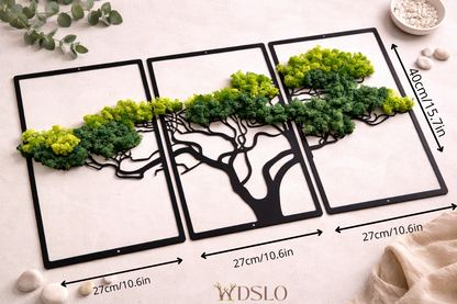Three decorative wall moss art panels with tree of life design  branded 'WDSLO'.